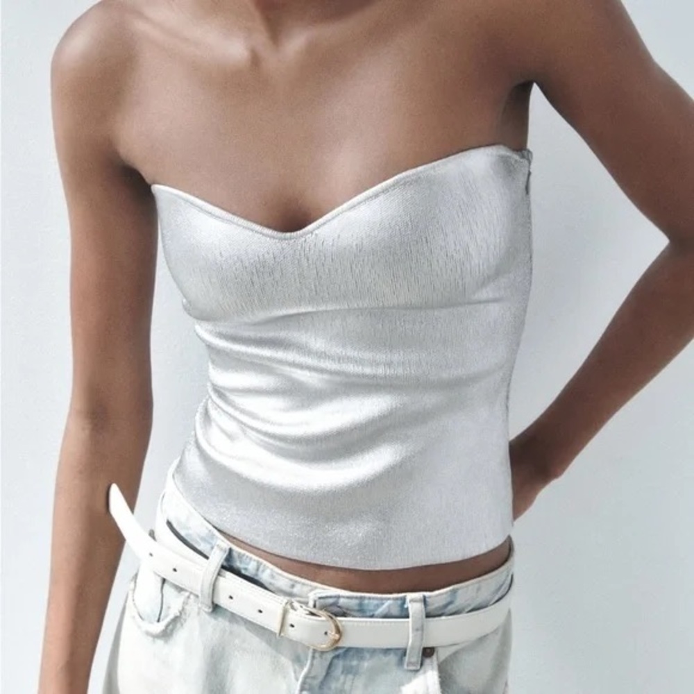 Zara Silver Strapless Metallic Bustier Top